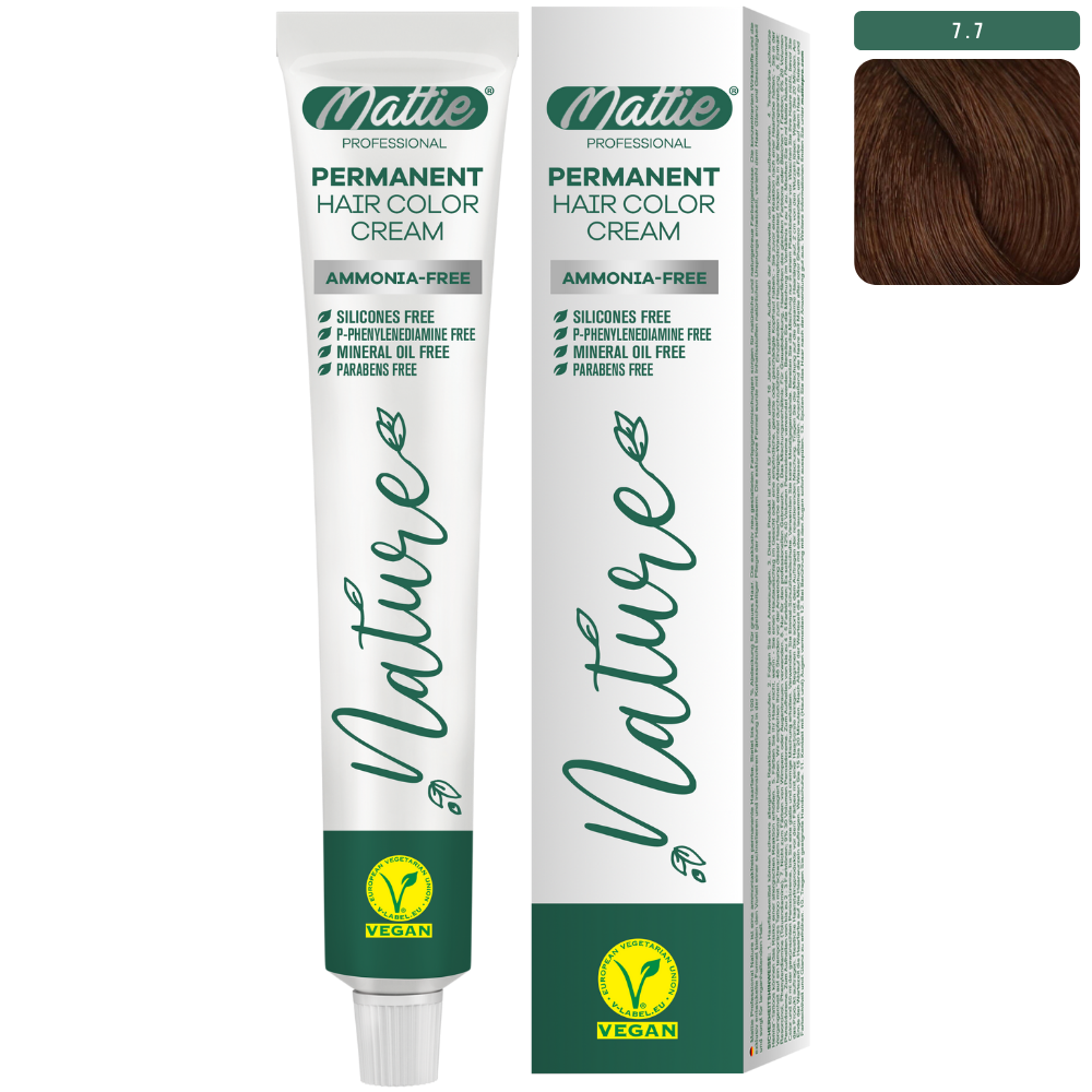 Mattie Professional Nature (7.7) Light Chocolate Brown - Vegan Permanent Hair Color Cream 60ml